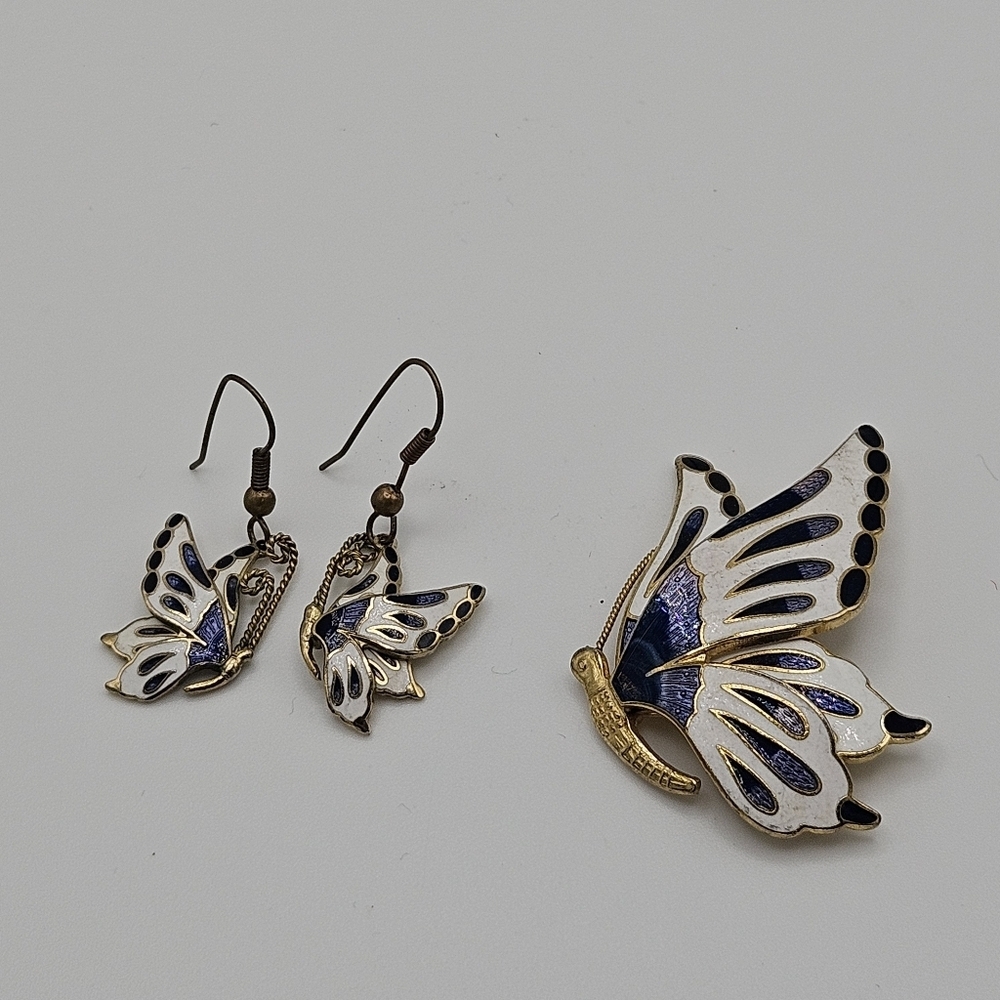 vintage Fish and Crown cloisonne enamel butterfly dangle earrings and brooch set